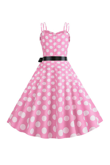 Rosa Polka Dots Esparguete Alças 1950 Vestido Com Arco